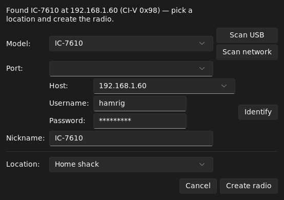 The dialog after Identify: Found IC-7610 at 192.168.1.60