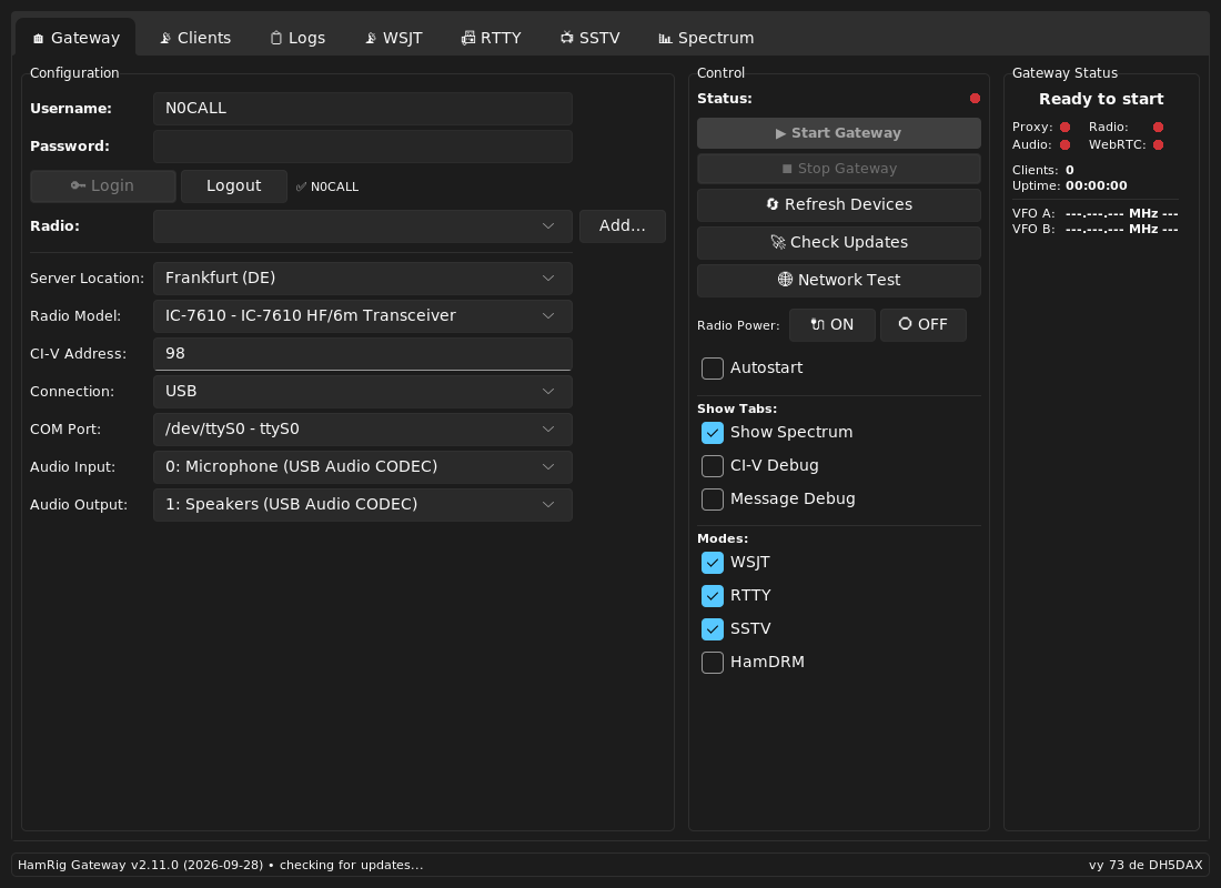 The gateway after login: N0CALL with a tick next to Logout, the Radio list and the Add button