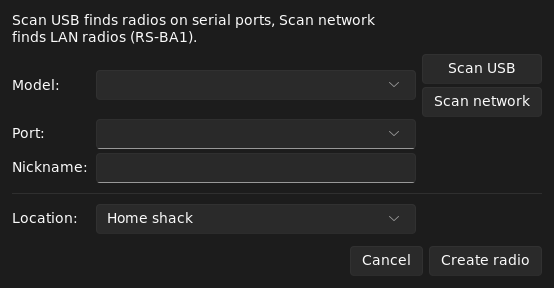 The empty Add a new radio dialog with Scan USB and Scan network