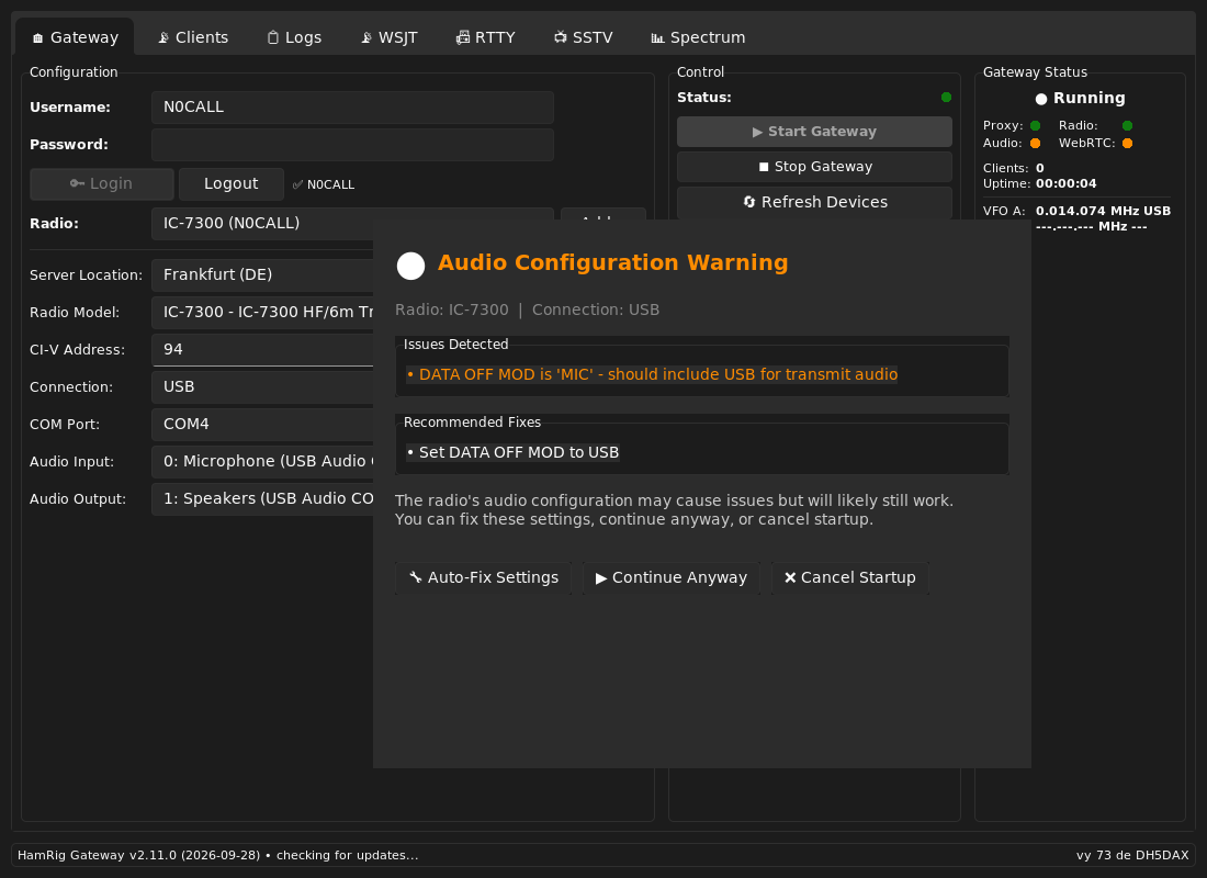 Audio Configuration Warning: DATA OFF MOD is MIC, with Auto-Fix Settings