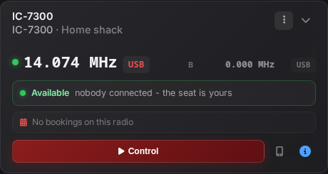 The radio tile on the Radios page: IC-7300 at 14.074 MHz USB, Available