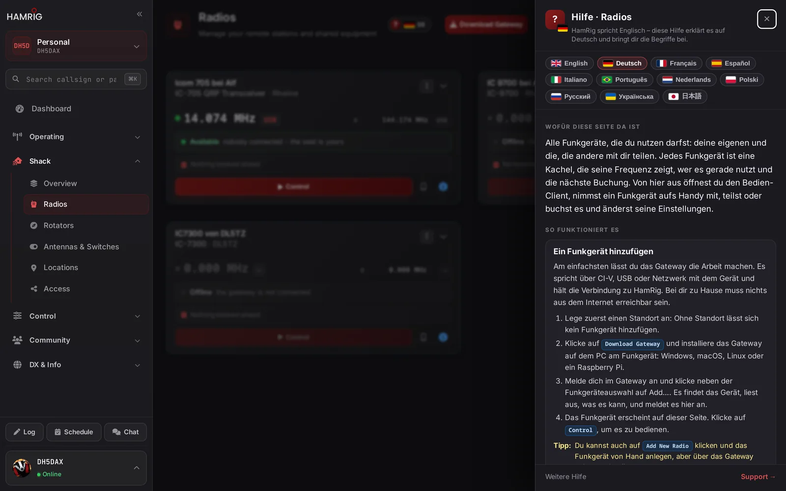 HamRig help panel in German